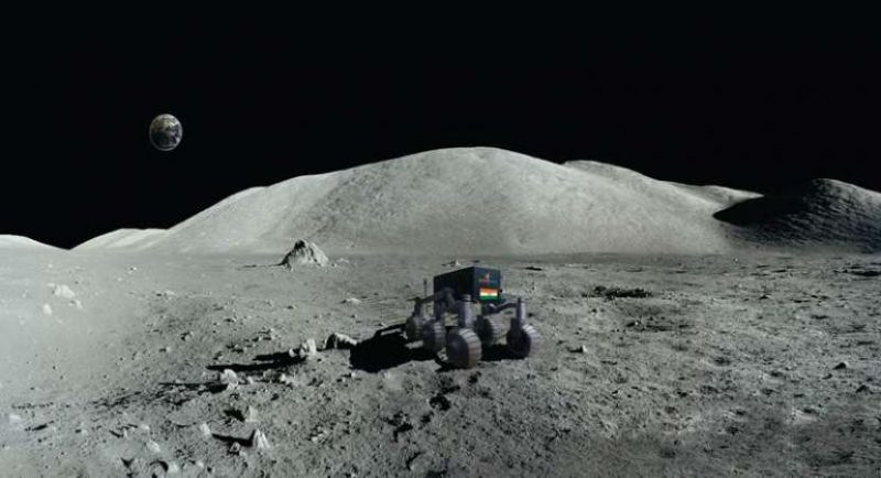 Lunar landscape, Earth in black sky, 4-tired vehicle.