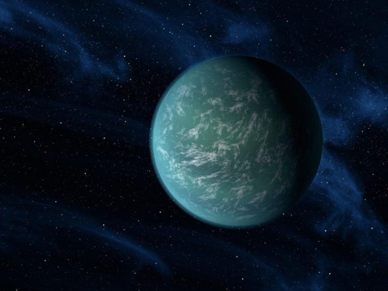 Greenish exoplanet with surface ocean and some clouds against starry space.