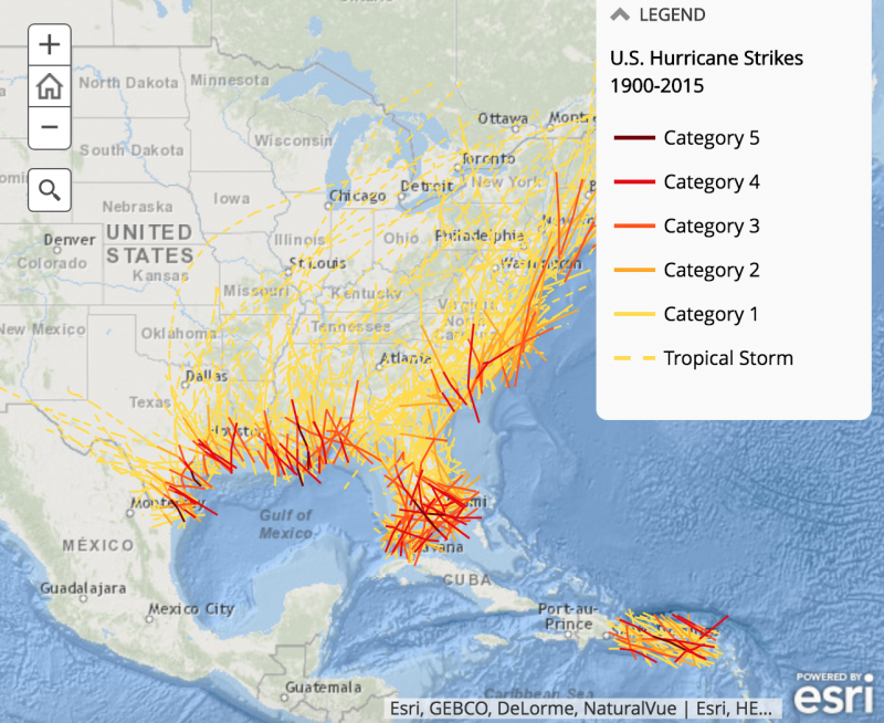 East coast map. Very many red lines into coastline continuing as orange and yellow.