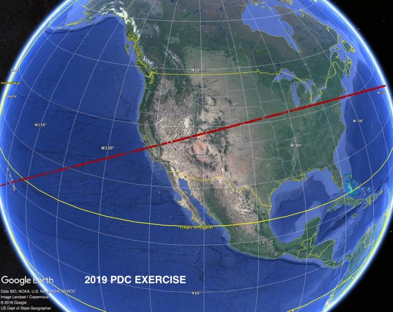 Globe with red line crossing North America from about San Diego California to New York City.