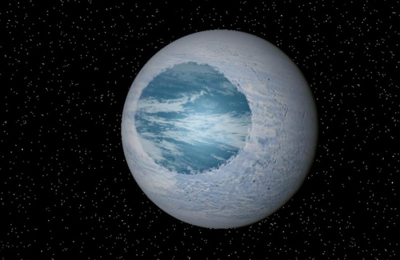 Planet with  medium-sized round blue ocean and the rest white colored ice.