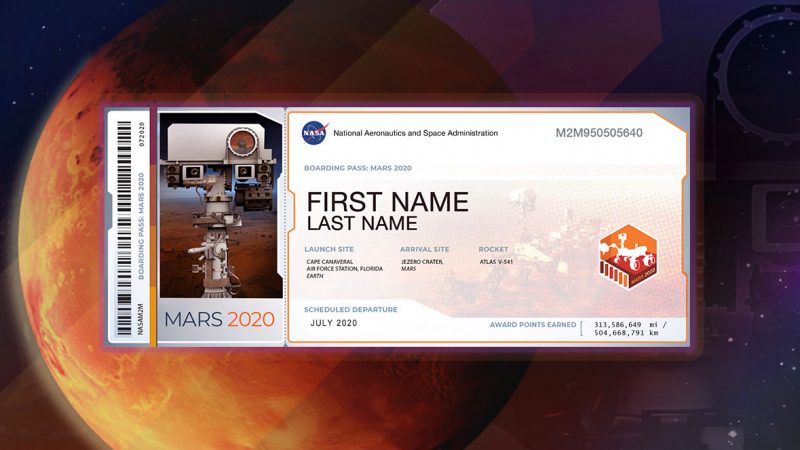 Image of rad planet Mars with a rectangular white ticket on top of it.