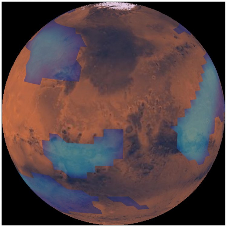 Dark orange planet with scattered large blue patches.