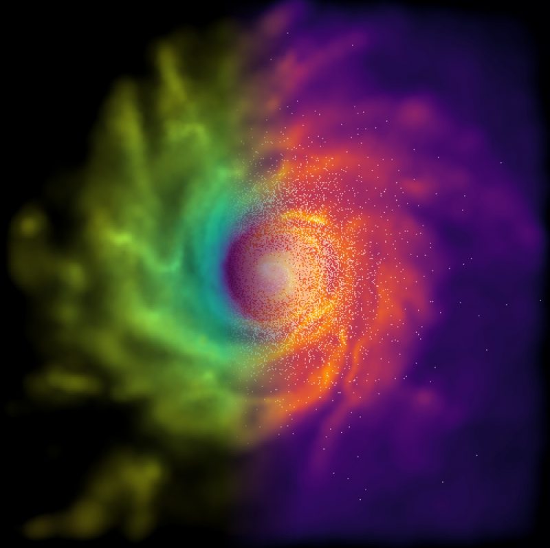 Simulated pinwheel galaxy image, from above, divided by color, green on left, red on right.