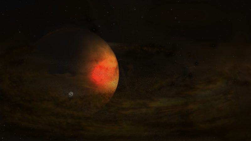 Tenuous gas and dust disk with small moon in it surrounding a big planet.