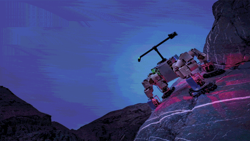 Climbing robot LEMUR against a starry sky background.