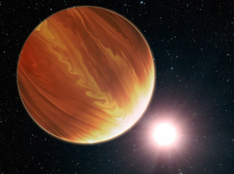 Large orange exoplanet with parallel swirling bands like Jupiter's.