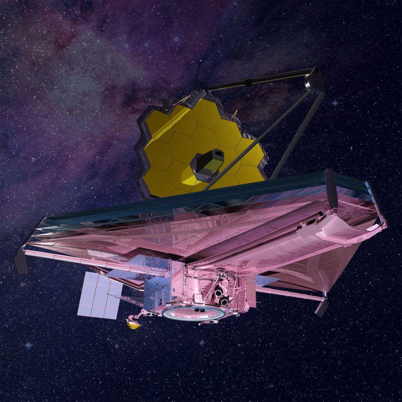 Large pink triangular spacecraft with array of gold hexagons at right angle to it.