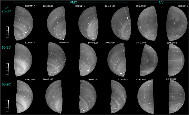 18 immagini in scala di grigi di Venere che mostrano aree più chiare e più scure dell'atmosfera.