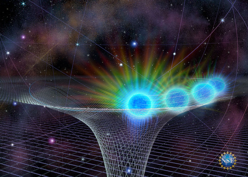 Star's positions in a white funnel-shaped net representing the black hole's gravity field.