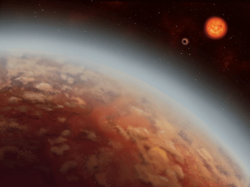 Patchy tan-orange planet with atmosphere; roiling reddish star in distance.