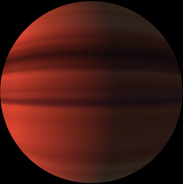 Deep red large planet with darker bands.