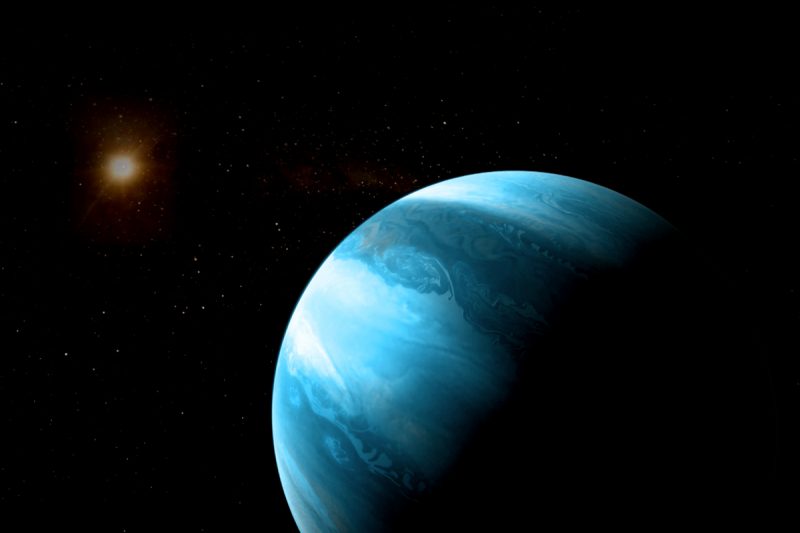 Giant blue banded planet orbiting small reddish star.