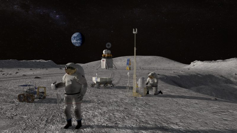 Futuristic astronauts on the moon with equipment and Earth over the horizon.