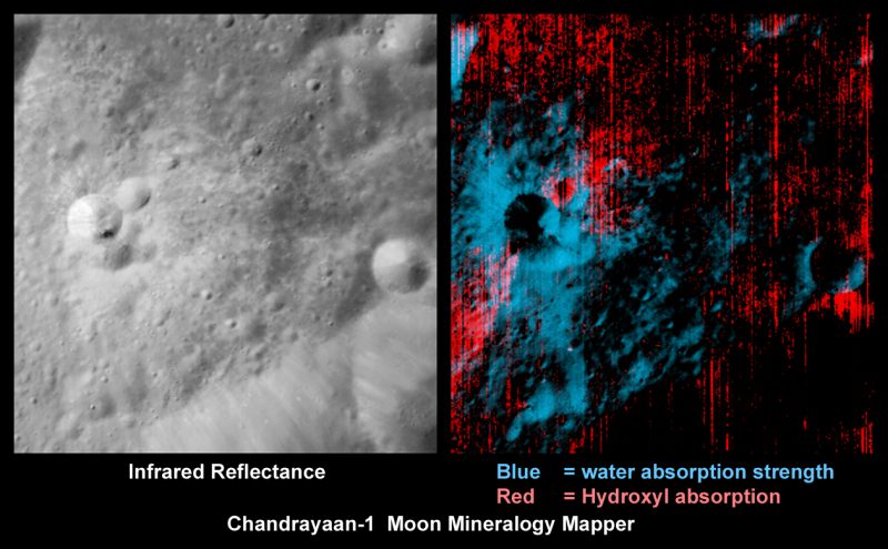 2 images of cratered lunar surface: Gray on left and red-blue false-color on right.