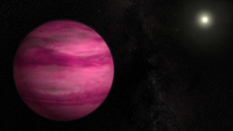 Reddish banded giant planet with star in background.