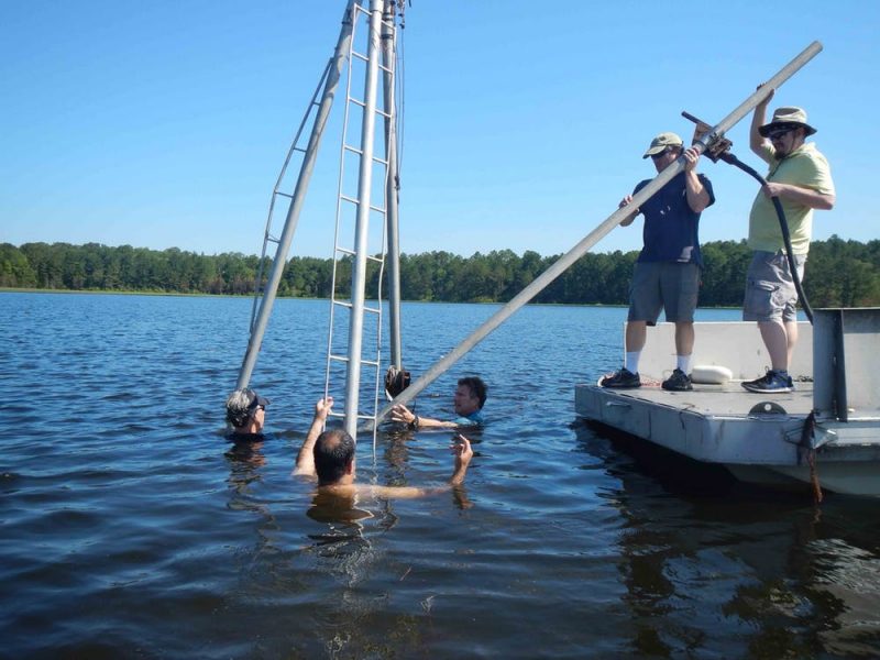 Men standing on a dock holding a large pole, some other men shoulder-deep in pond.