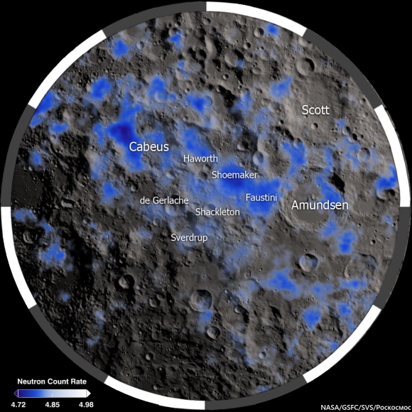 Orbital view of craters on the moon with many blue patches.