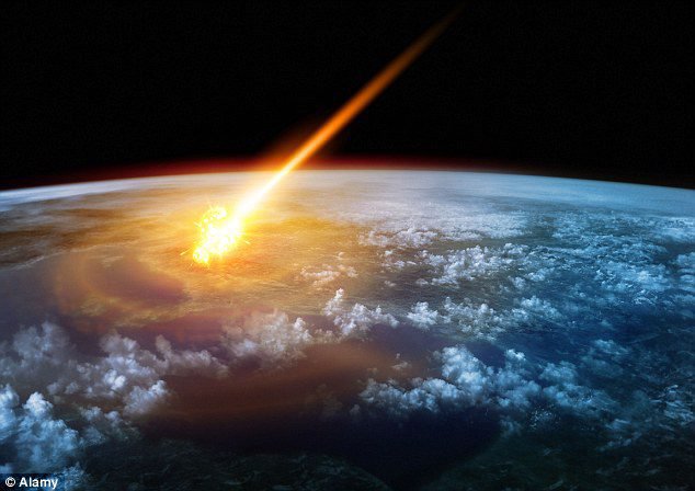 Vista dall'orbita dell'esplosione di impatto enorme e della pista ardente dell'asteroide.