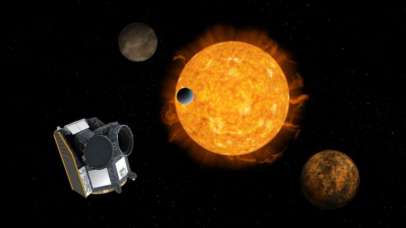Spacecraft with large sun-like star and planets in background.