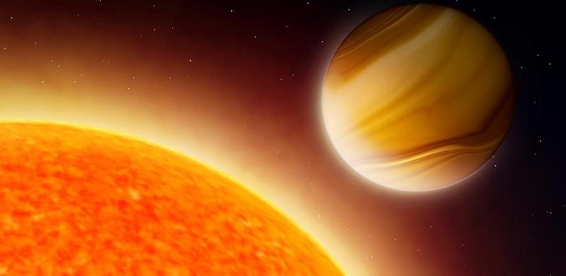 Banded giant planet close to large yellow-orange star.