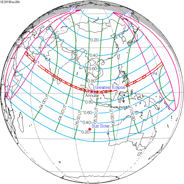 Diagram of globe showing path of annular eclipse across Eastern Hemisphere.