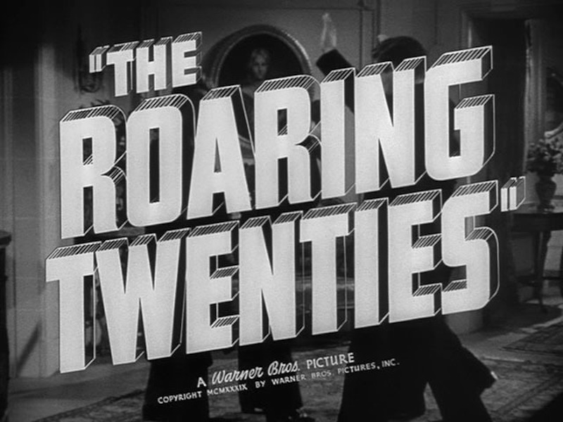 Movie poster with the words 'the roaring twenties' in big block letters.