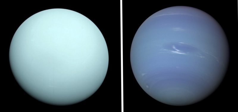Bluish-green globe and bluish globe with streaks, side-by-side.