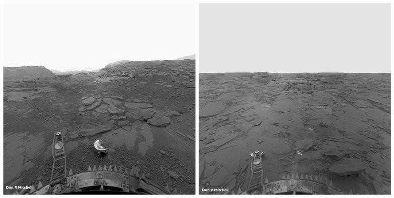 Gray rocky surface with bright sky, in two views.